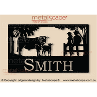 Large Property Sign - Angus Steer, Calf, Woman and Man on Fence