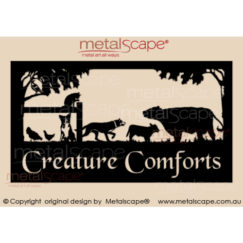 Metalscape - Farm Property Signs-Large Property Sign - Cow & Calf, kelpie, collie, chooks, cat on fence