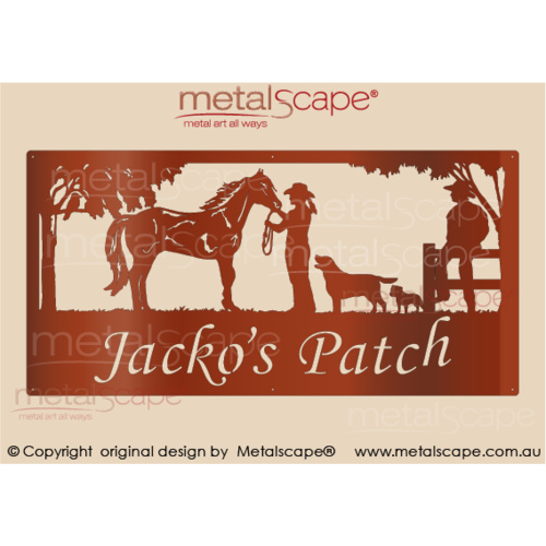 Metalscape - Farm Property Signs-XL Property Sign -Horse with Female, Dogs, Man on Fence
